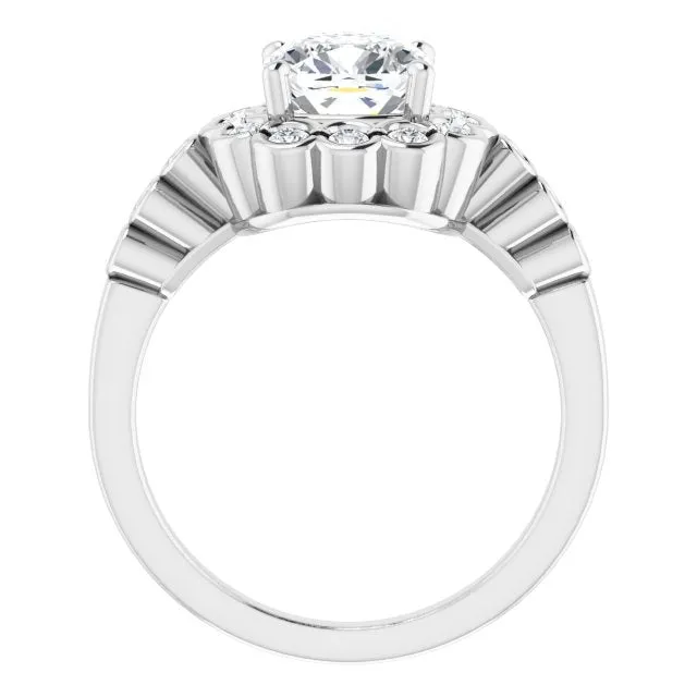 Cubic Zirconia Engagement Ring- The Berkley (Customizable Cushion Cut Design with Round-bezel Halo and Band Accents)