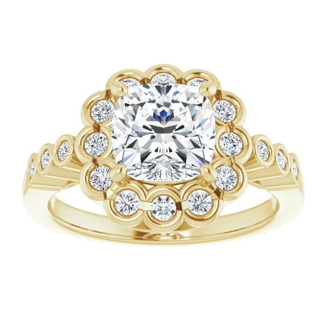 Cubic Zirconia Engagement Ring- The Berkley (Customizable Cushion Cut Design with Round-bezel Halo and Band Accents)