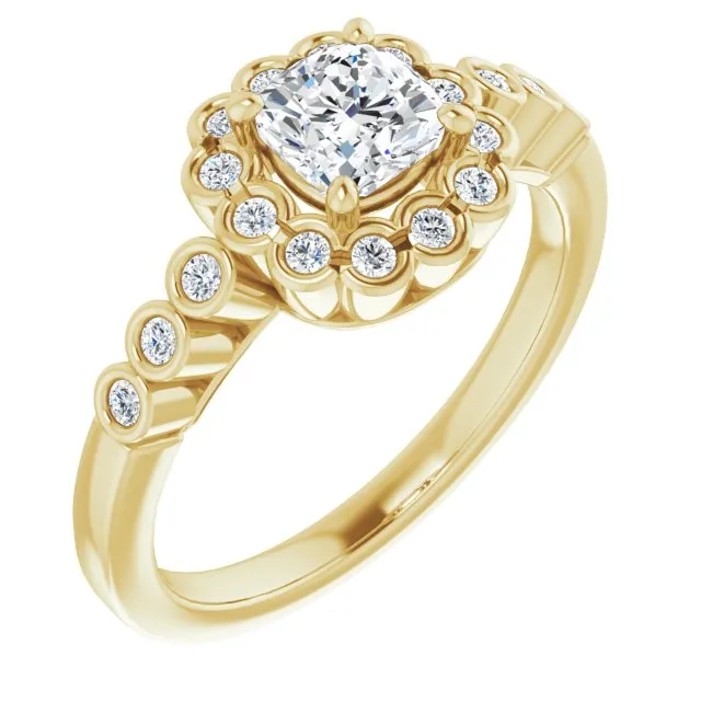 Cubic Zirconia Engagement Ring- The Berkley (Customizable Cushion Cut Design with Round-bezel Halo and Band Accents)