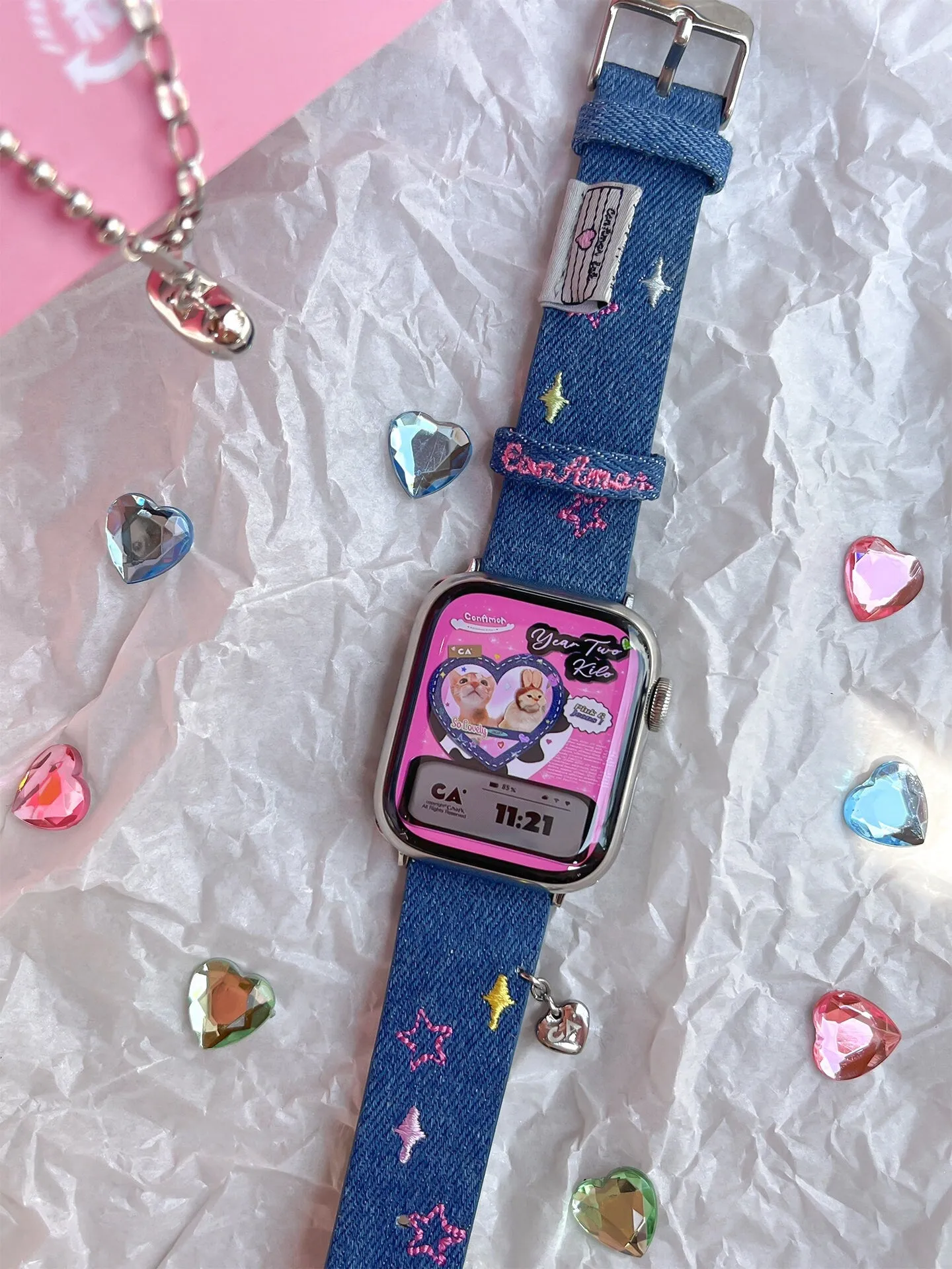 Cute Denim Blue & Pink Apple Watch Band Series 1 2 3 4 5 6 7 8 9 Ultra Generation 38mm 40mm 41mm 42mm 44mm 45mm 49mm Chain Apple Watch Strap