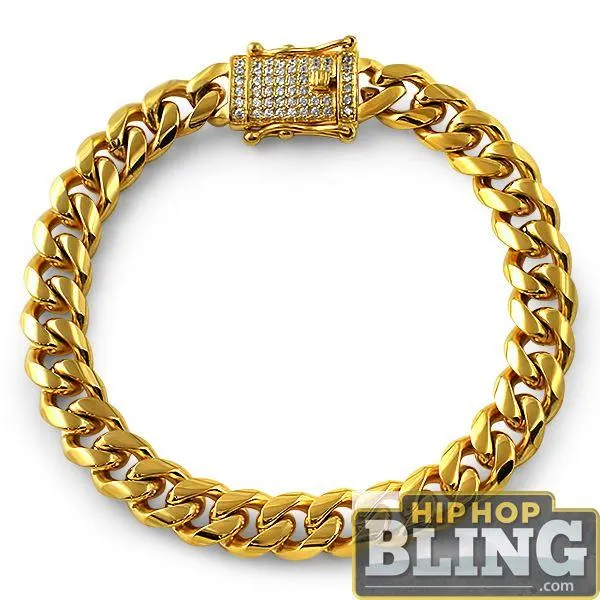 CZ Diamond Lock Gold Steel Cuban Bracelet 10MM