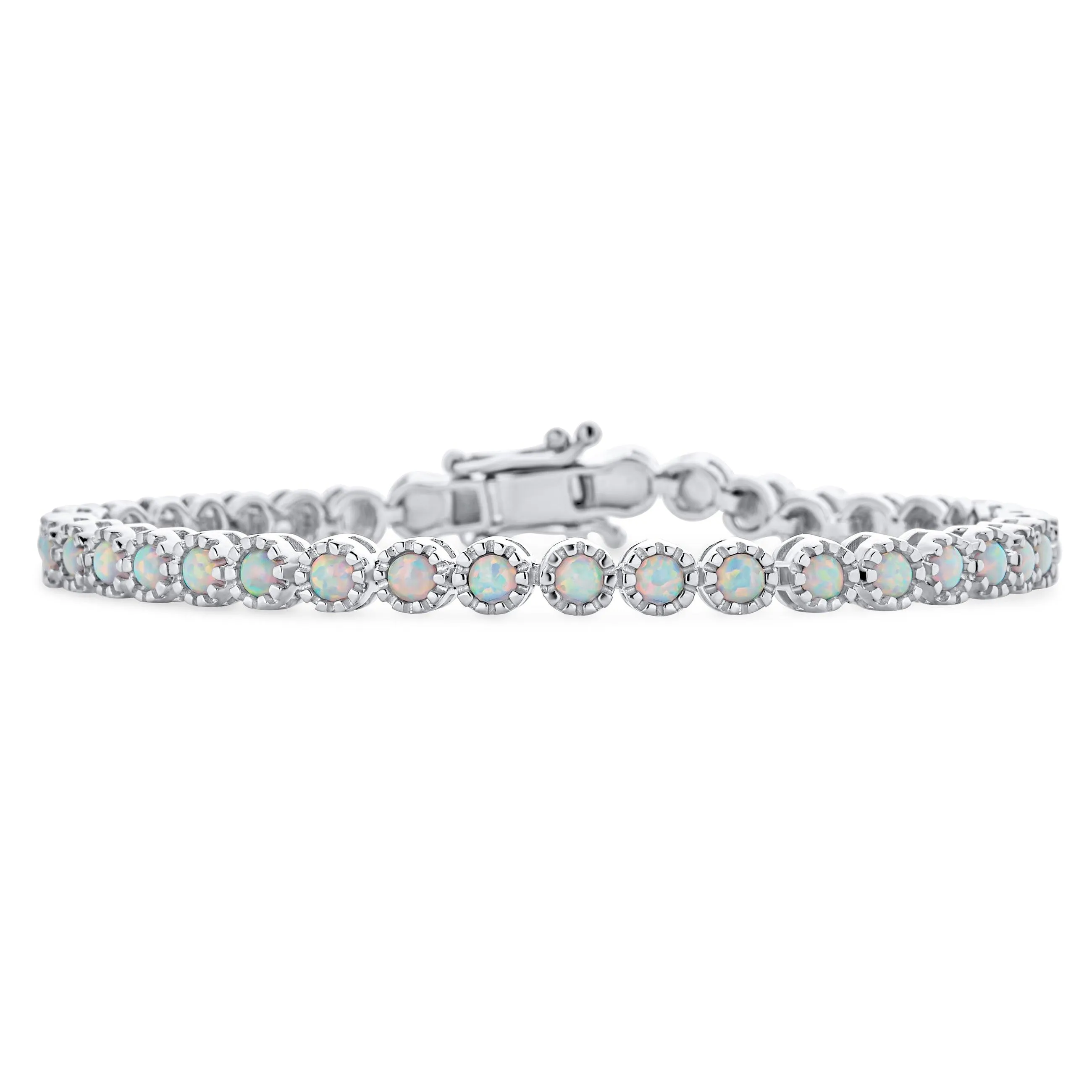 Dainty Round Gemstone Opal Tennis Bracelet Rhodium Sterling Silver 7 Inch