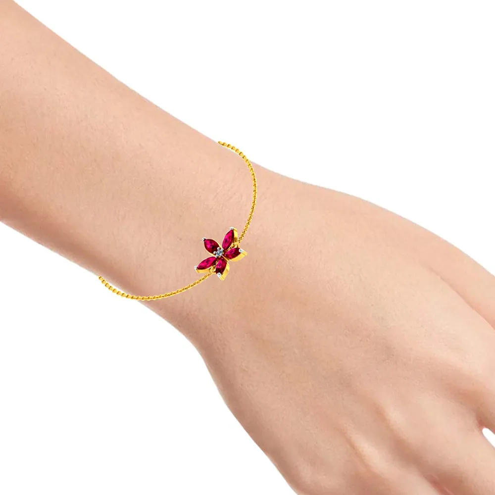 Designer 18k Gold And Red Gemstone Embellished Flower Motif Bracelet For Women From Diamond Collection Pc Chandra