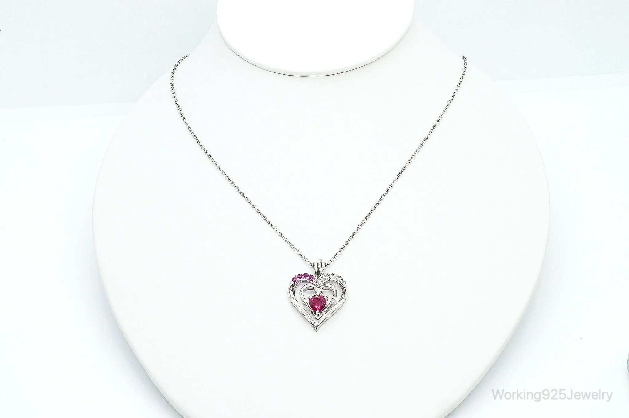 Designer Ruby Cubic Zirconia Heart Sterling Silver Necklace