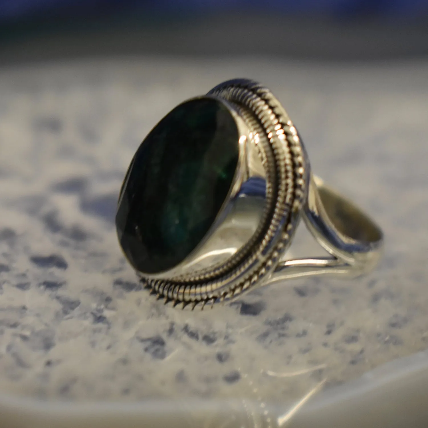 Detailed Emerald Ring (925) Sterling Silver