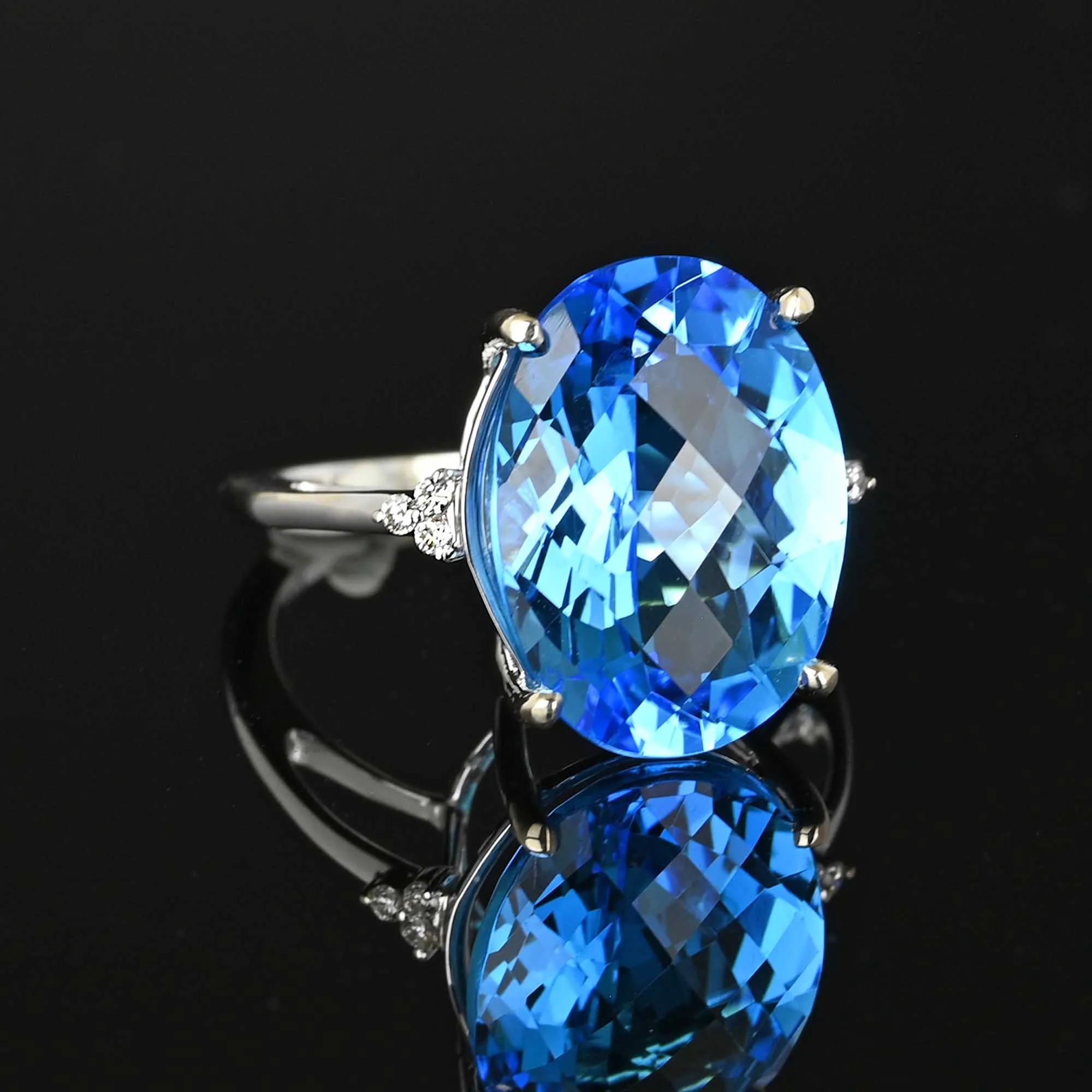 Diamond Checkerboard Cut Blue Topaz Ring in 14K White Gold