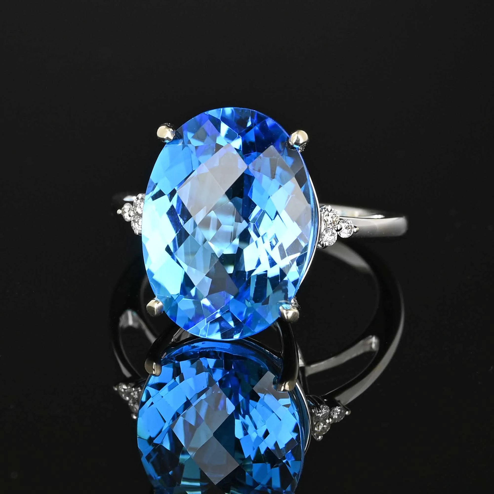 Diamond Checkerboard Cut Blue Topaz Ring in 14K White Gold