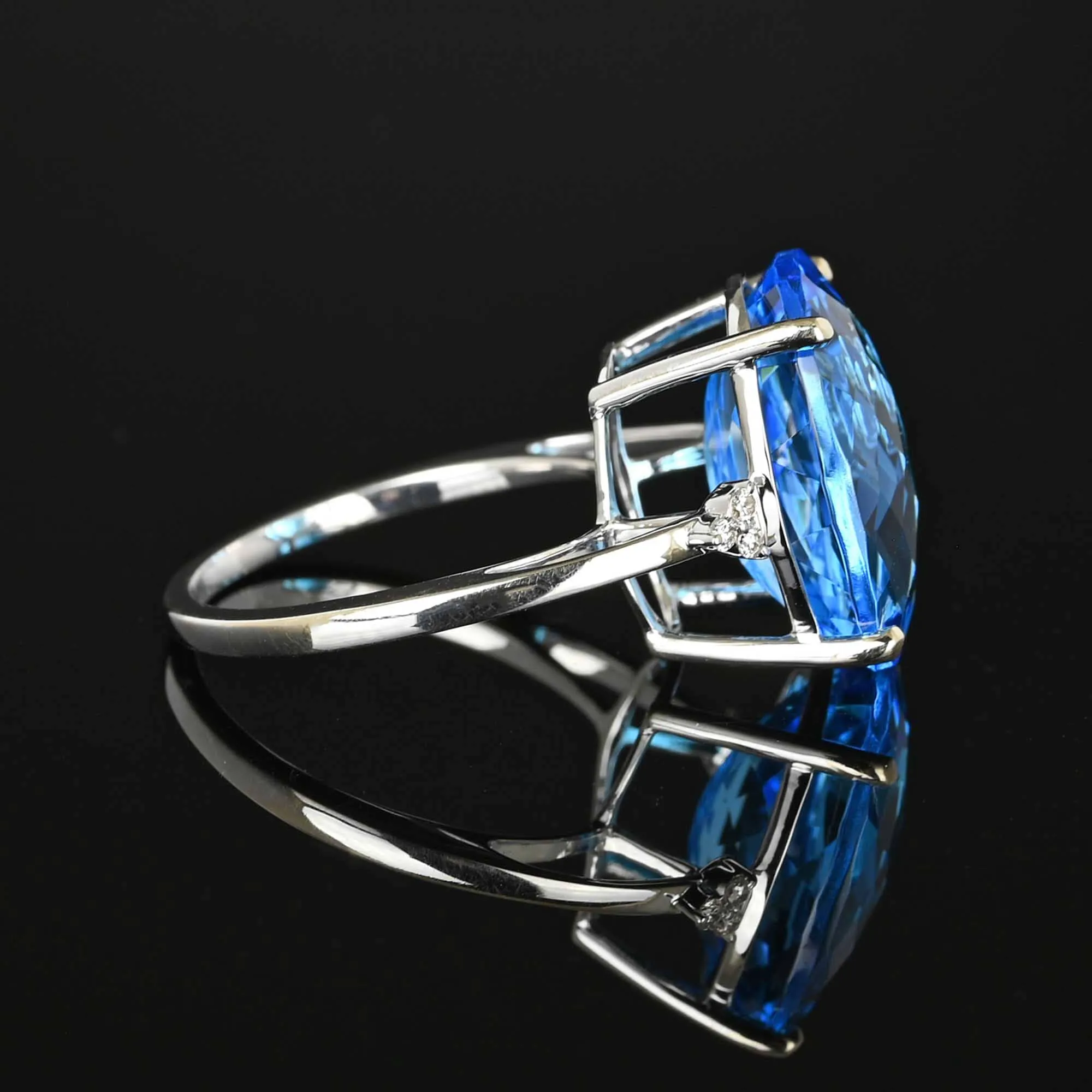 Diamond Checkerboard Cut Blue Topaz Ring in 14K White Gold