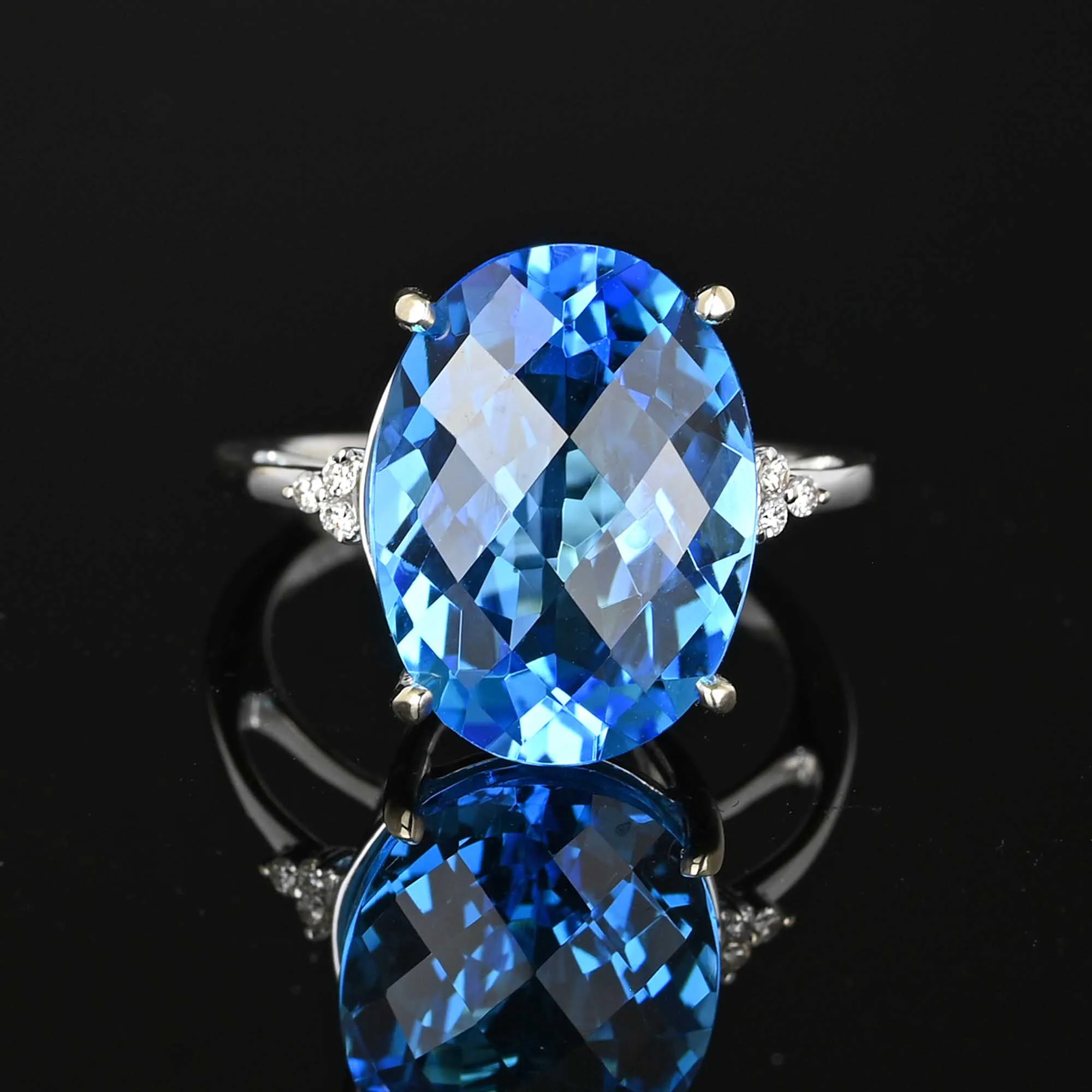 Diamond Checkerboard Cut Blue Topaz Ring in 14K White Gold