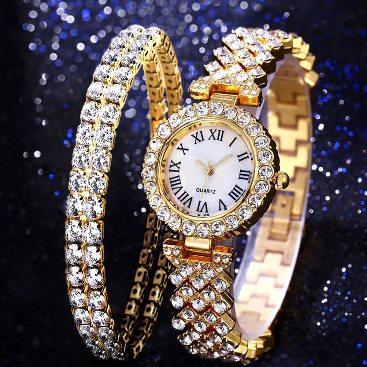 Diamond-Embedded Starry Bracelet Watch Bracelet Gift Set for Women