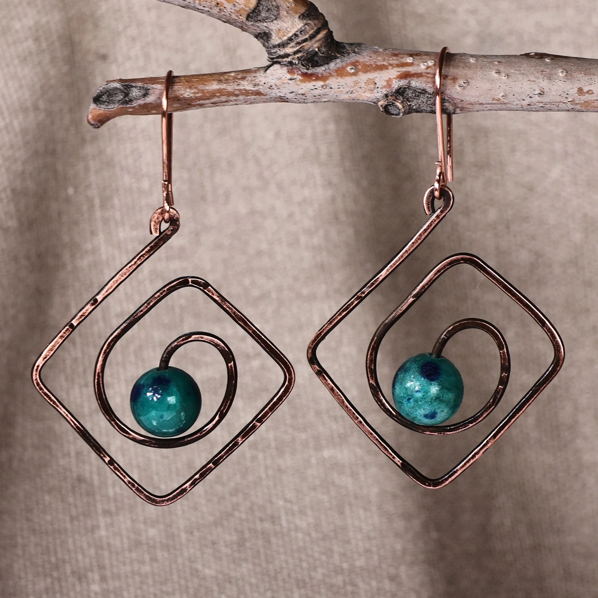 Diamond-Shaped Copper and Natural Jade Dangle Earrings - Diamond Ends | NOVICA