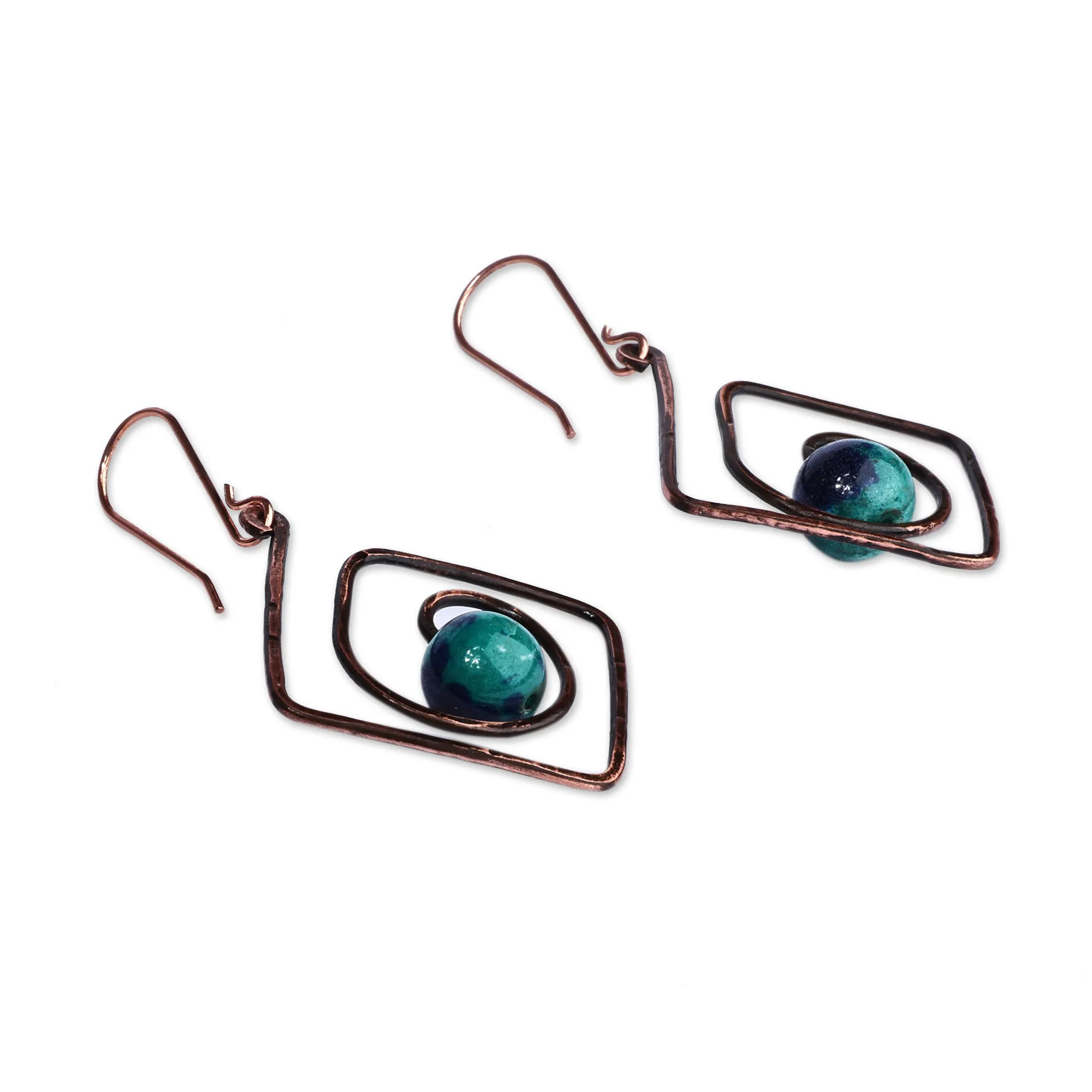 Diamond-Shaped Copper and Natural Jade Dangle Earrings - Diamond Ends | NOVICA