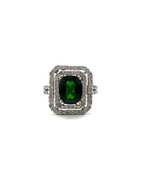 Double diamond halo and green tourmaline ring