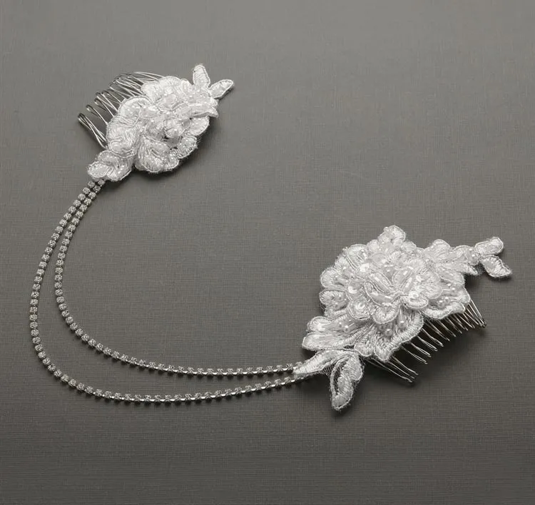 Double English Rose Lace Bridal Comb - White