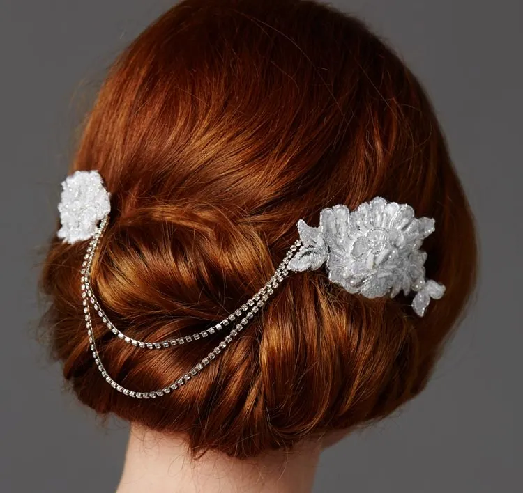 Double English Rose Lace Bridal Comb - White