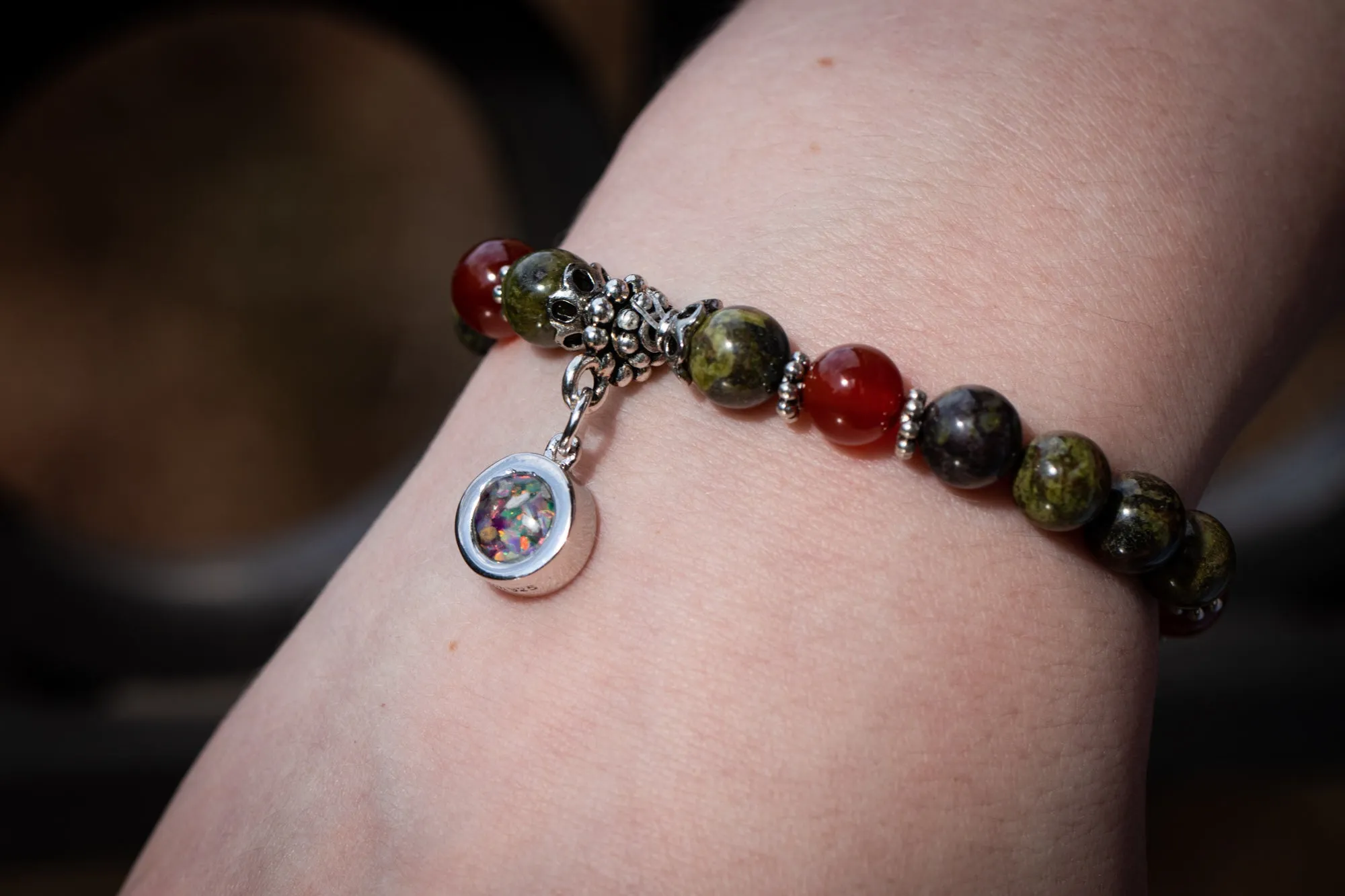 Dragon Agate and Red Agate Healing Bracelet with Cremation Ashes