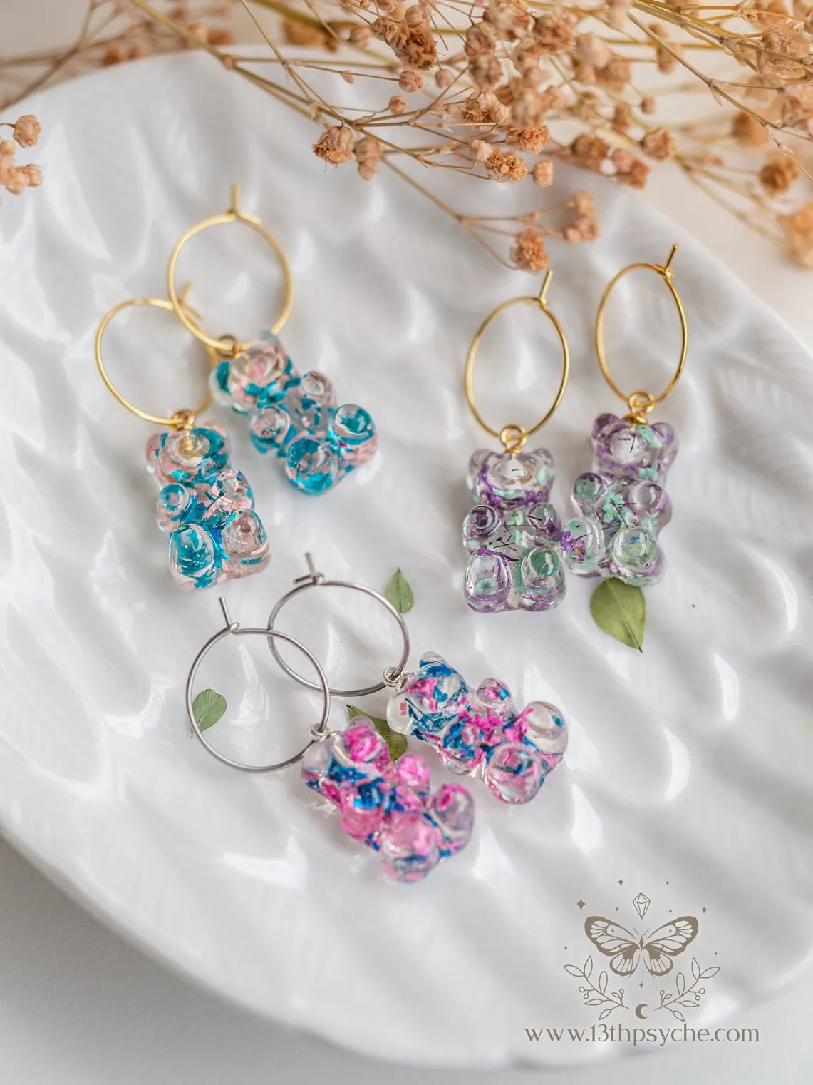 Dried flowers Gummy bear hoop earrings