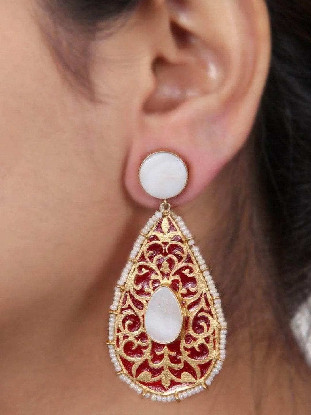 Drop Shaped Jali Earring Red