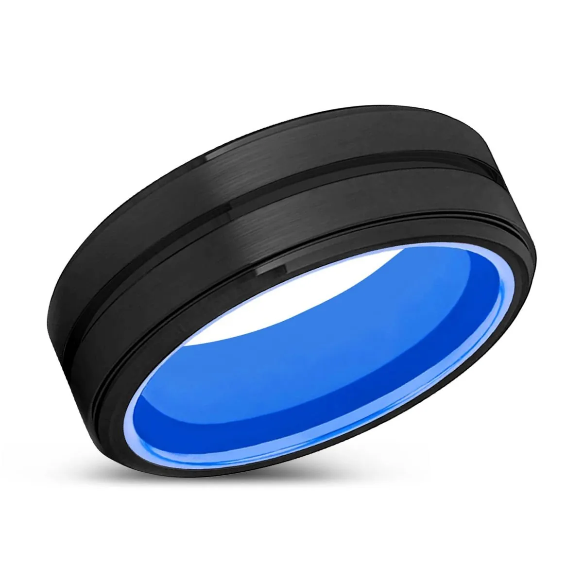 DUKES | Blue Ring, Black Tungsten Ring, Grooved, Stepped Edge