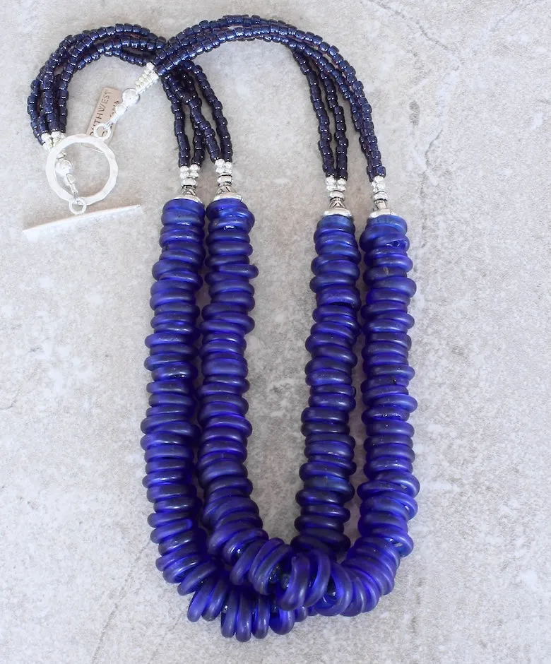 Dutch Dogon Rings 2-Strand Necklace with Lapis Lazuli Rounds, Sterling Silver Urn Beads, Indigo Glass Rondelles, and a Hammered Sterling Silver Toggle Clasp