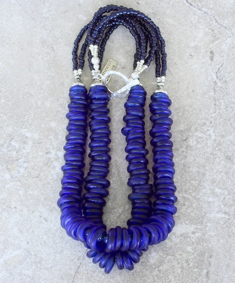 Dutch Dogon Rings 2-Strand Necklace with Lapis Lazuli Rounds, Sterling Silver Urn Beads, Indigo Glass Rondelles, and a Hammered Sterling Silver Toggle Clasp