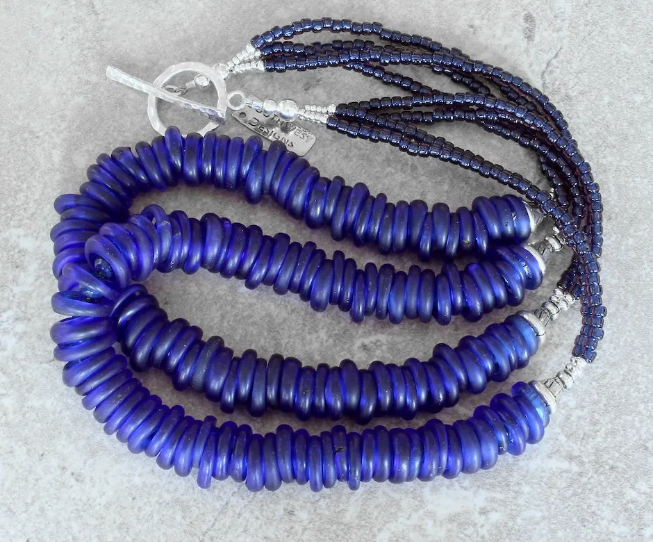 Dutch Dogon Rings 2-Strand Necklace with Lapis Lazuli Rounds, Sterling Silver Urn Beads, Indigo Glass Rondelles, and a Hammered Sterling Silver Toggle Clasp