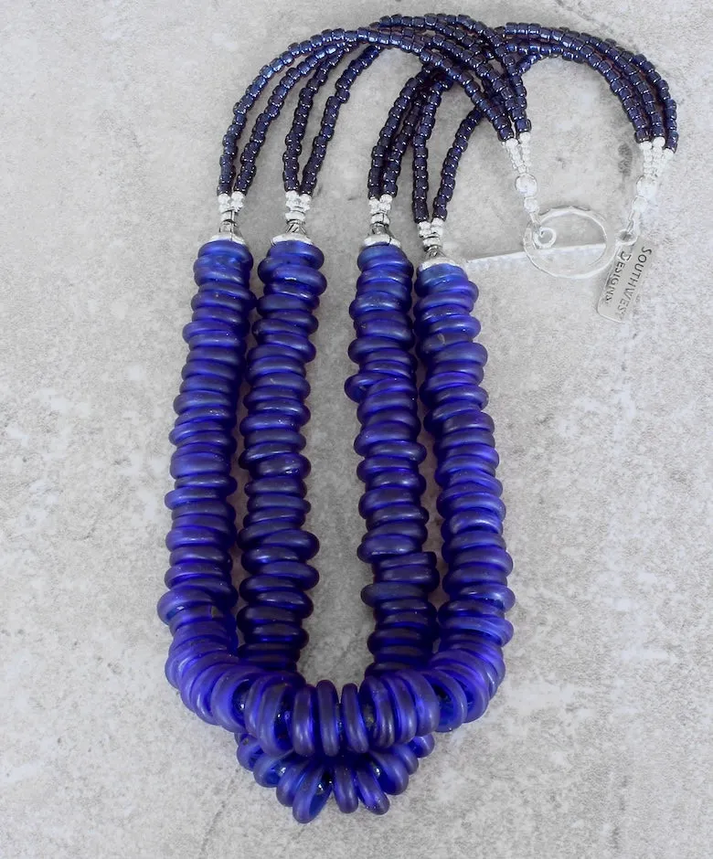 Dutch Dogon Rings 2-Strand Necklace with Lapis Lazuli Rounds, Sterling Silver Urn Beads, Indigo Glass Rondelles, and a Hammered Sterling Silver Toggle Clasp