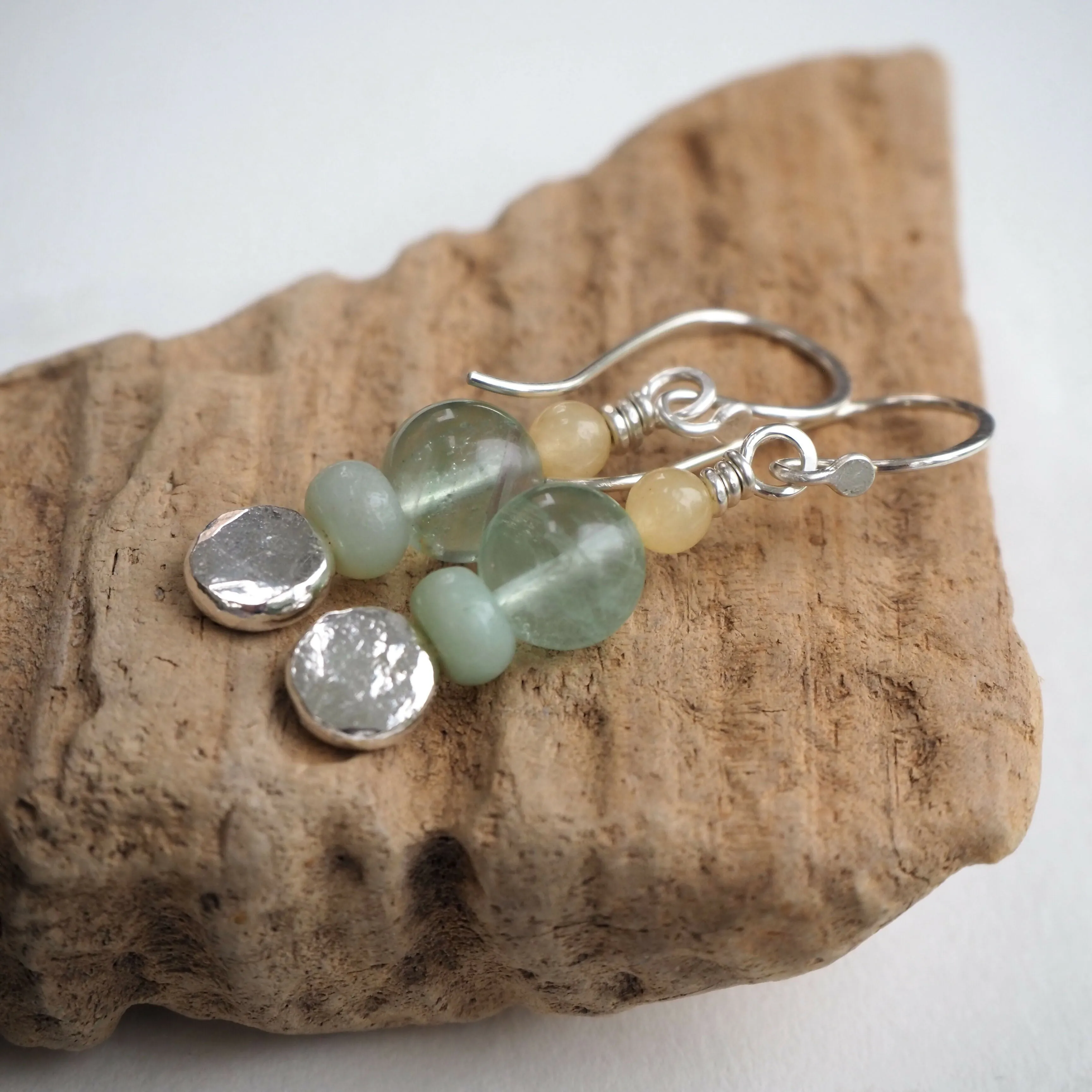 Earrings - Silver, Fluorite and Jade Dangly Earrings