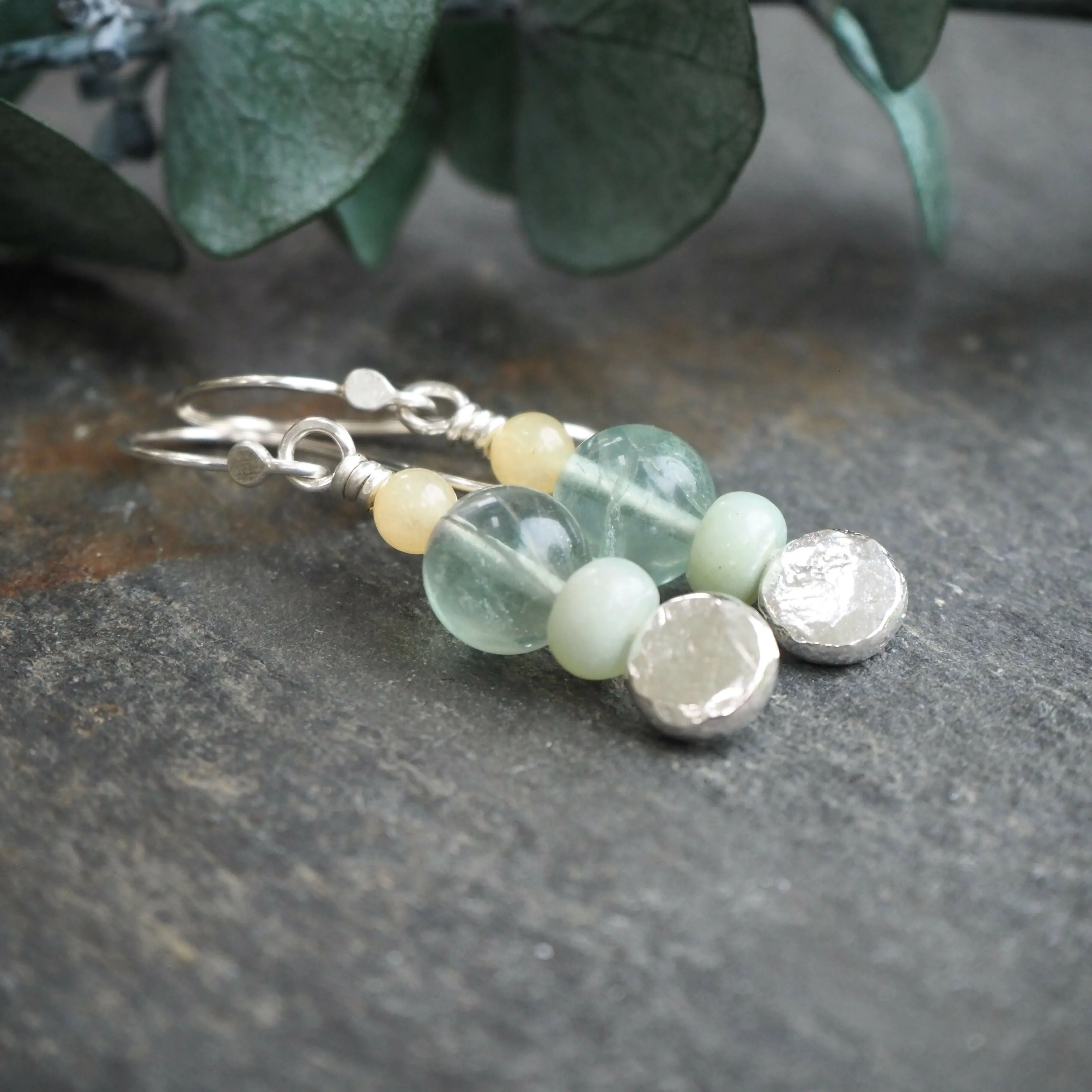 Earrings - Silver, Fluorite and Jade Dangly Earrings