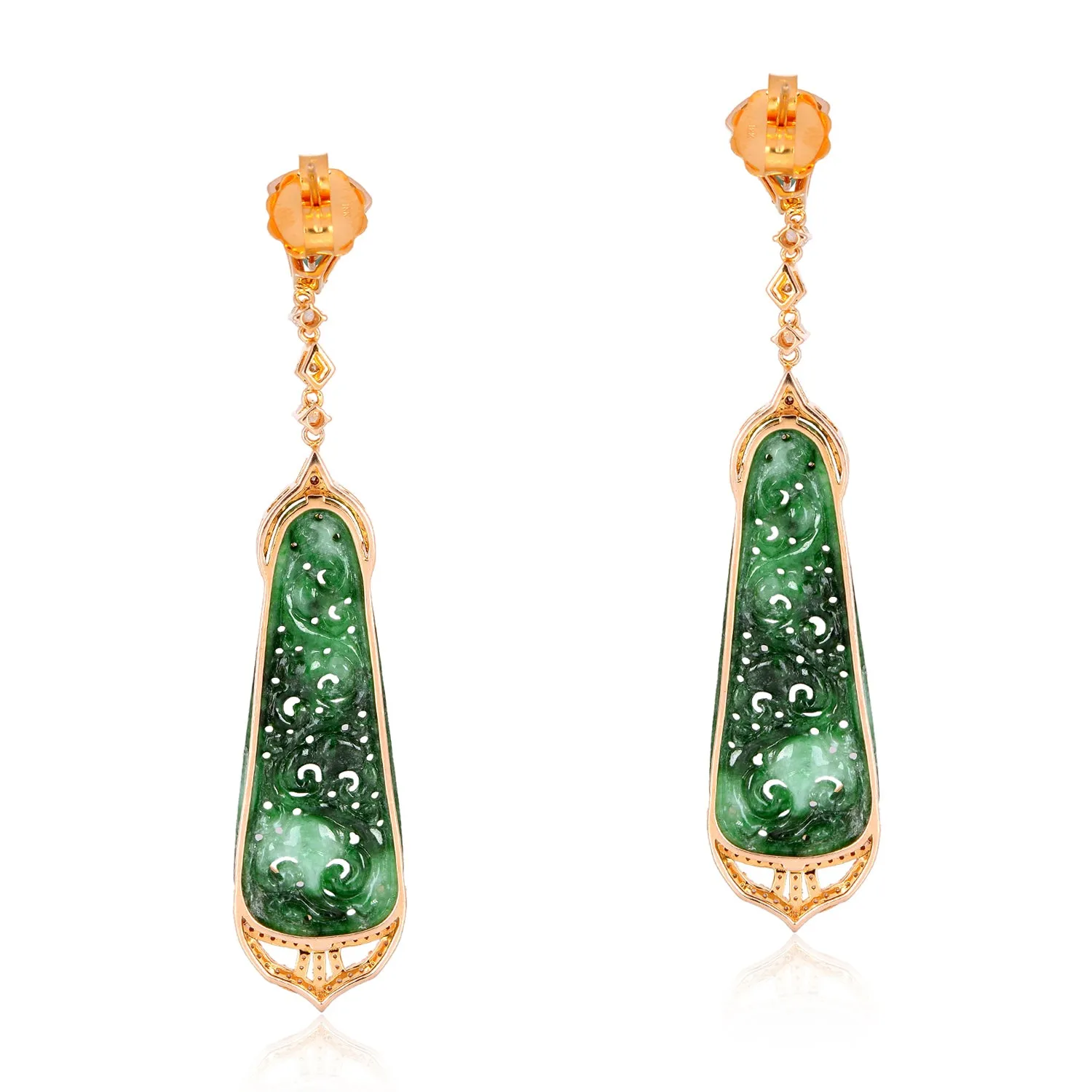 Egg Cut Carved Jade Pear Emerald Pave Diamond Beautiful Dangler In Gold For Gifts