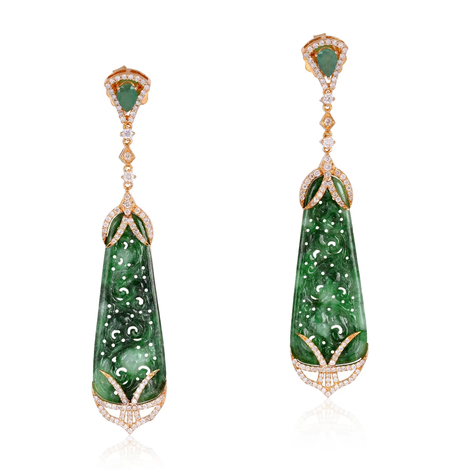 Egg Cut Carved Jade Pear Emerald Pave Diamond Beautiful Dangler In Gold For Gifts