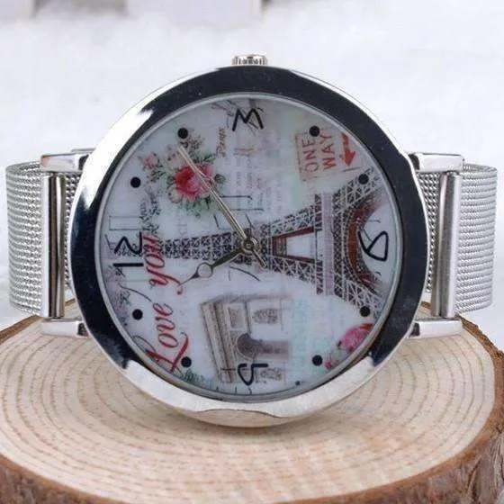 Eiffel Tower Silver Mesh Band Watch