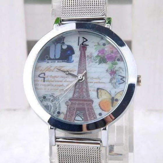 Eiffel Tower Silver Mesh Band Watch