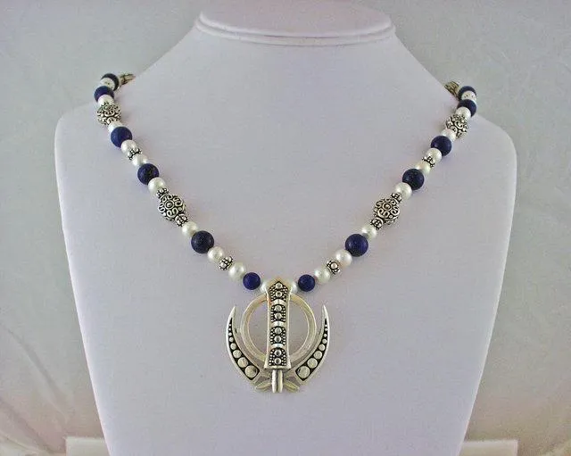 Elegant lapis, pearl, silver Adi Shakti Power Necklace