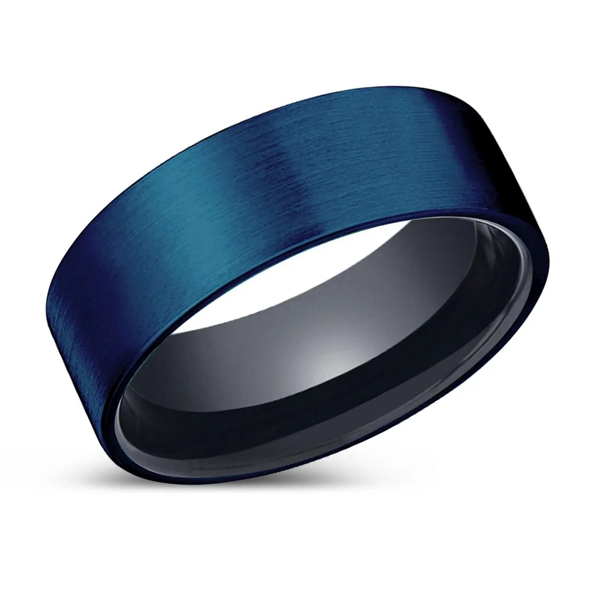 EMPEROR | Black Ring, Blue Tungsten Ring, Brushed, Flat