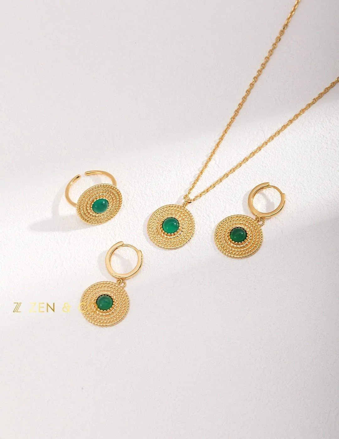 ESMERALDA Bohemian jewelry set Green chalcedony drop earrings Pendant necklace Statement open ring