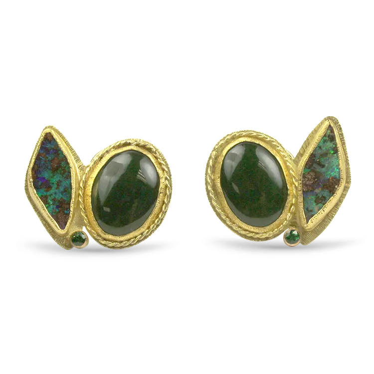 Estate 18k Yellow Gold Nephrite Jade & Boulder Opal Earrings