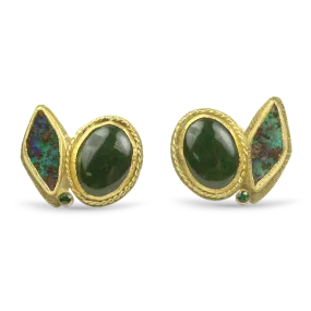 Estate 18k Yellow Gold Nephrite Jade & Boulder Opal Earrings