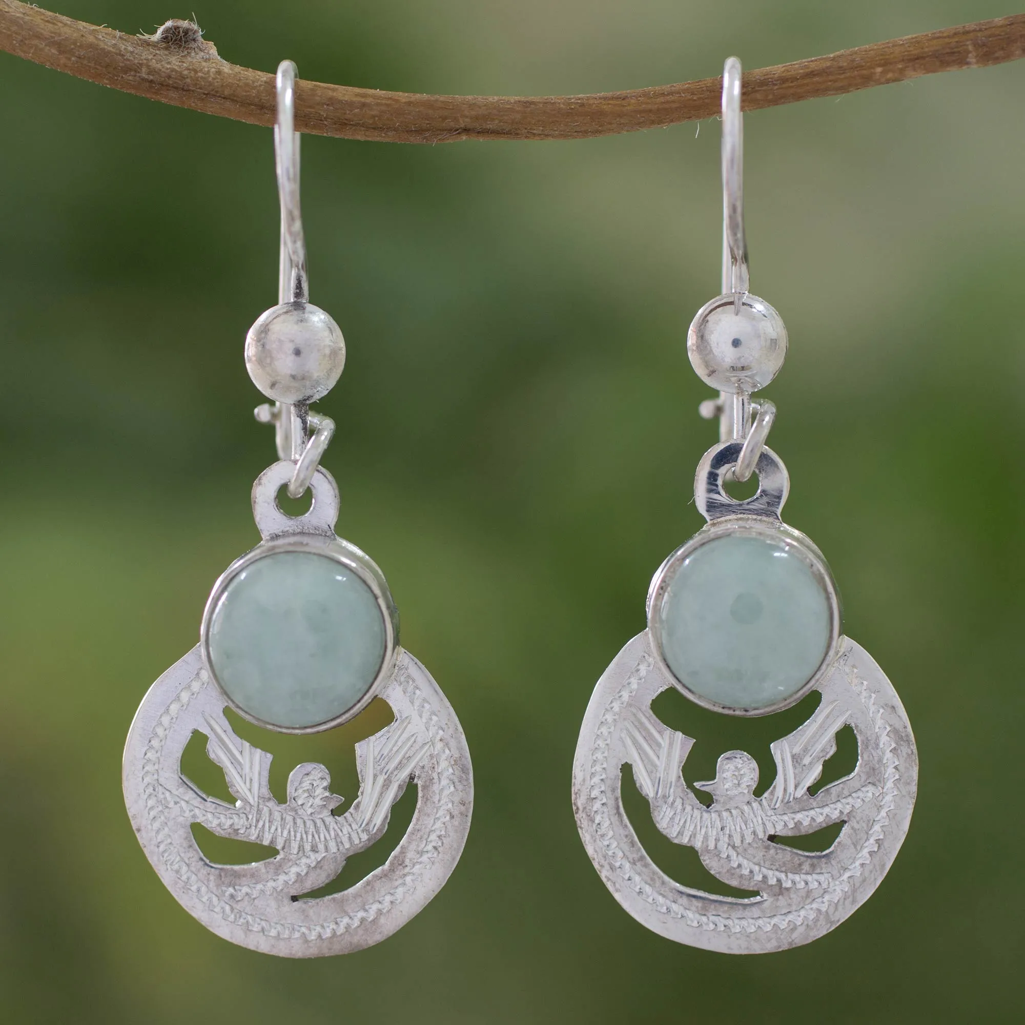 Fair Trade Jewelry Jade and Sterling Silver Earrings - Quetzal Patriot | NOVICA