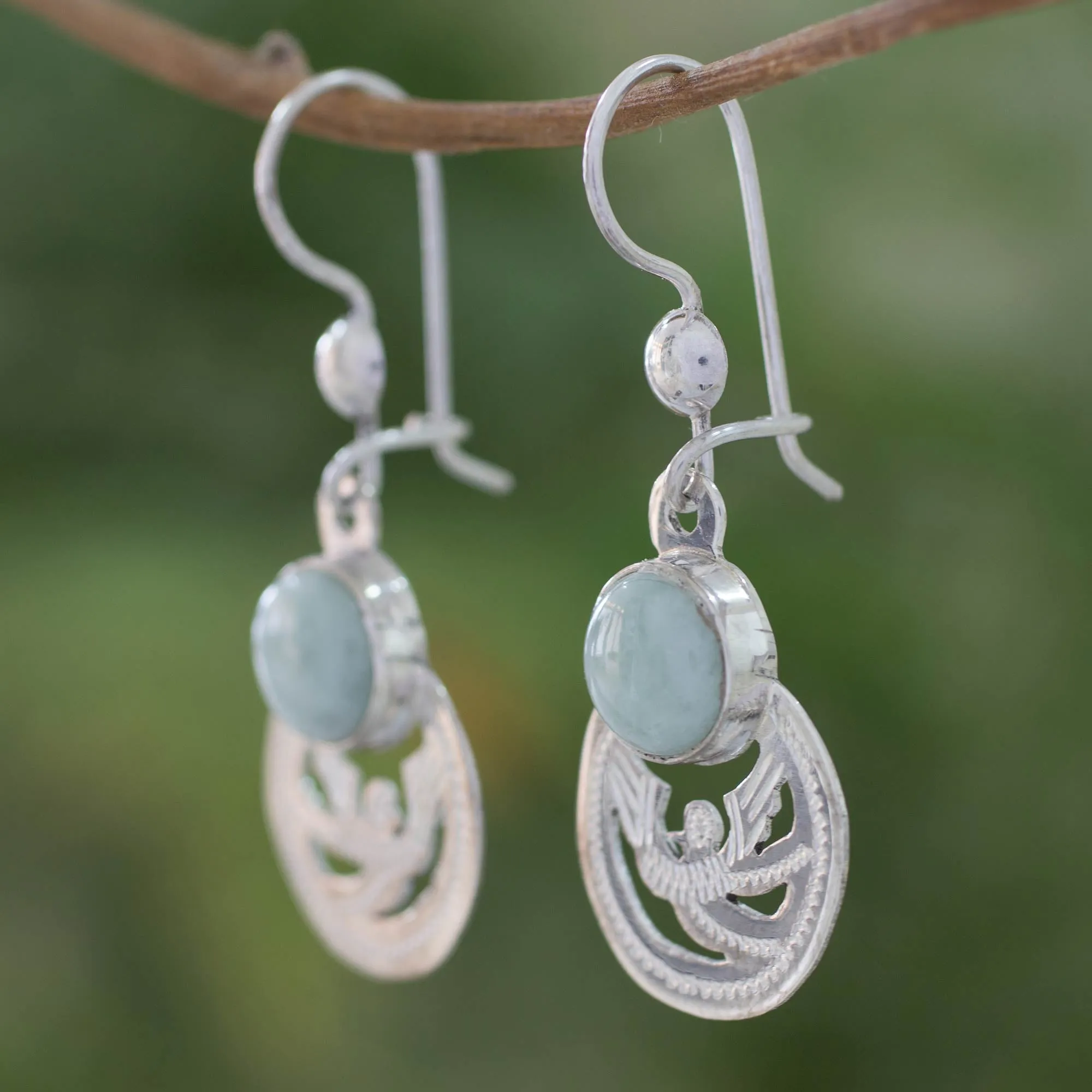 Fair Trade Jewelry Jade and Sterling Silver Earrings - Quetzal Patriot | NOVICA