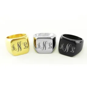 Fancy Monogram Laser Engraved Signet Ring Gold Silver Black