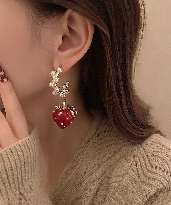 Fashion Red Alloy Zircon Jade Strawberry Drop Earrings LY9162