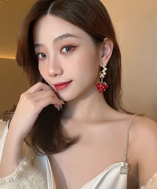 Fashion Red Alloy Zircon Jade Strawberry Drop Earrings LY9162