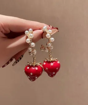 Fashion Red Alloy Zircon Jade Strawberry Drop Earrings LY9162