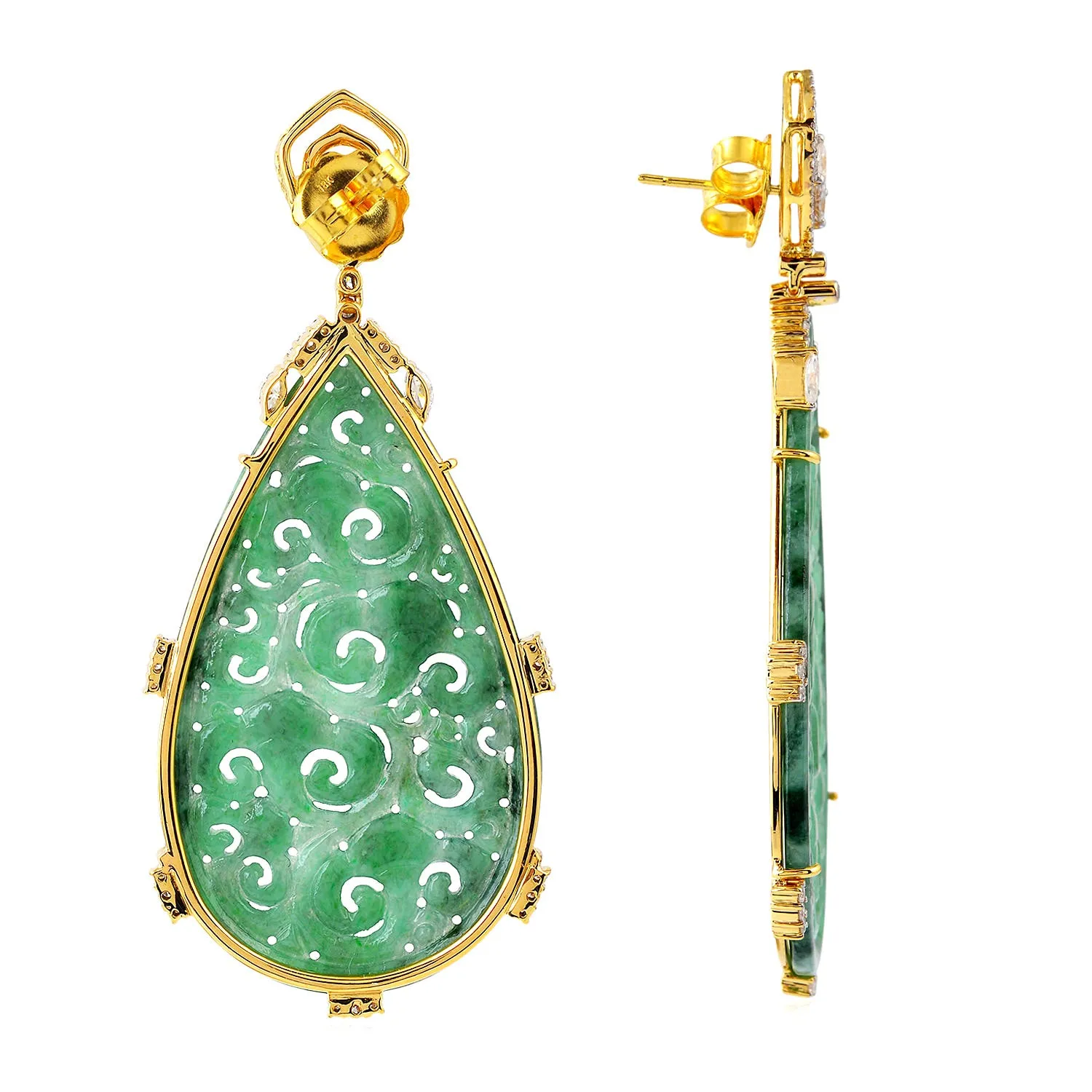 Filigree Carved Jade Pave Diamond Tear Drop Designer Danglers in Gold For Her