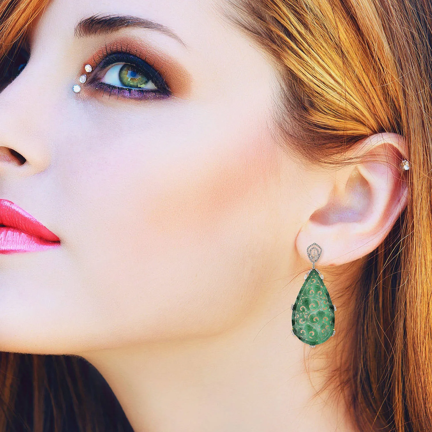 Filigree Carved Jade Pave Diamond Tear Drop Designer Danglers in Gold For Her