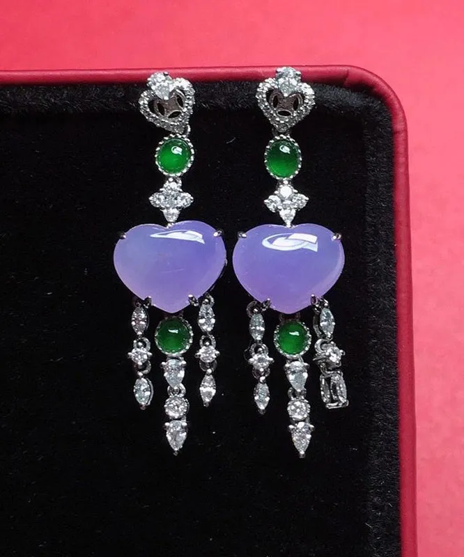 Fine Purple Sterling Silver Inlaid Zircon Love Jade Tassel Drop Earrings AC1027