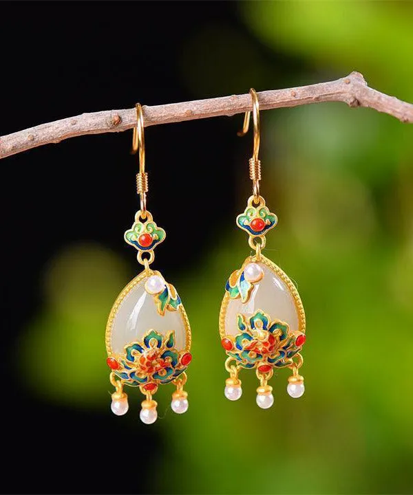 Fine White Sterling Silver Jade Cloisonne Enamel Tassel Drop Earrings