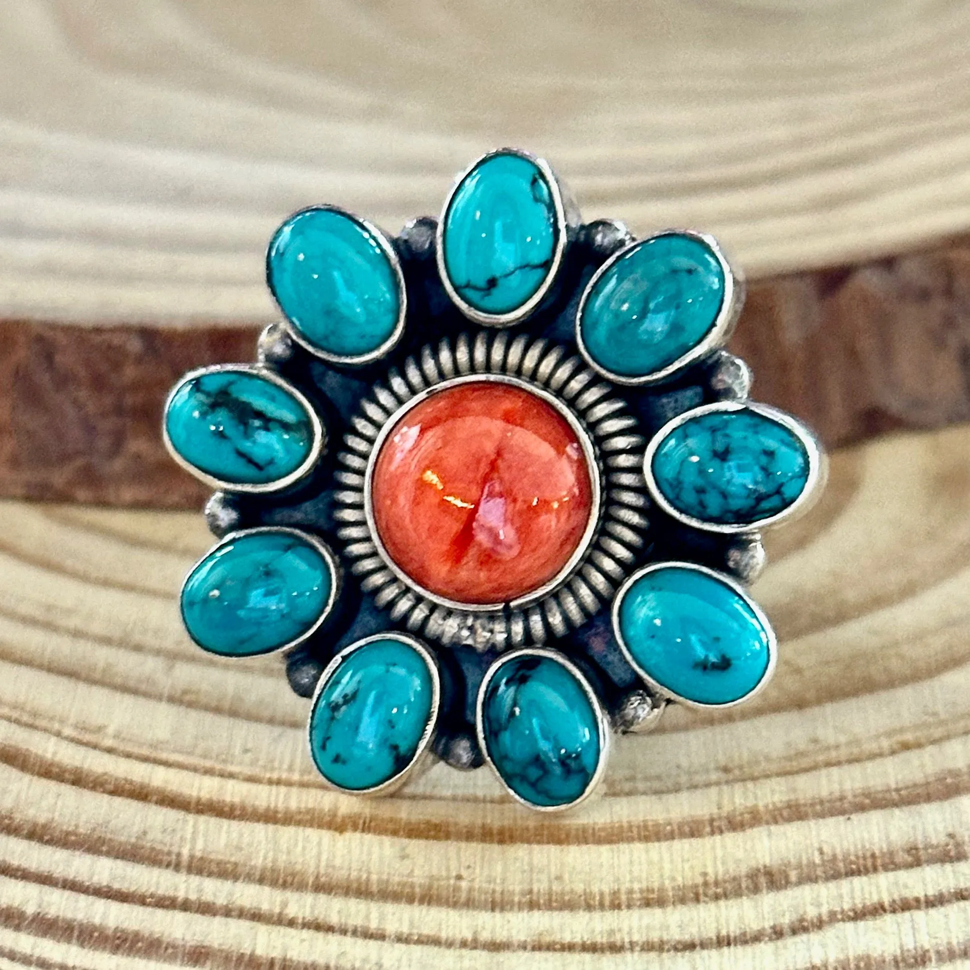 FLOWER POWER Navajo Spiny Oyster & Kingman Turquoise Sterling Silver Ring • Size 7