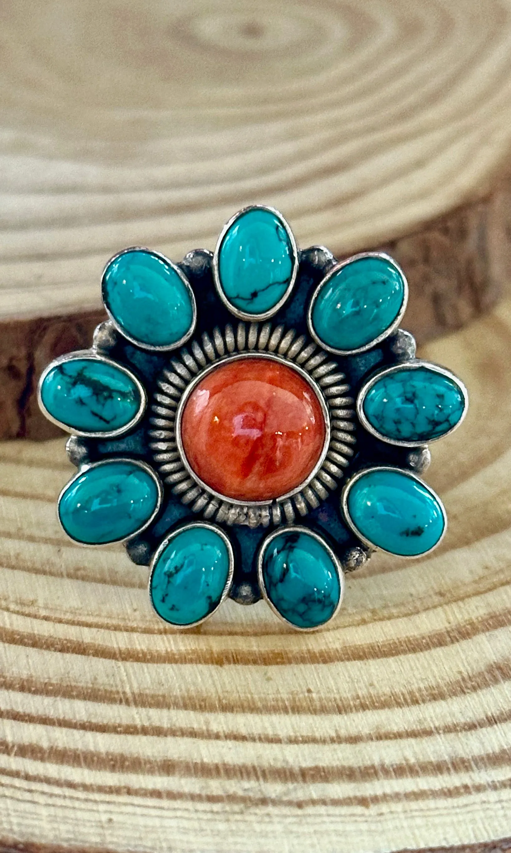 FLOWER POWER Navajo Spiny Oyster & Kingman Turquoise Sterling Silver Ring • Size 7